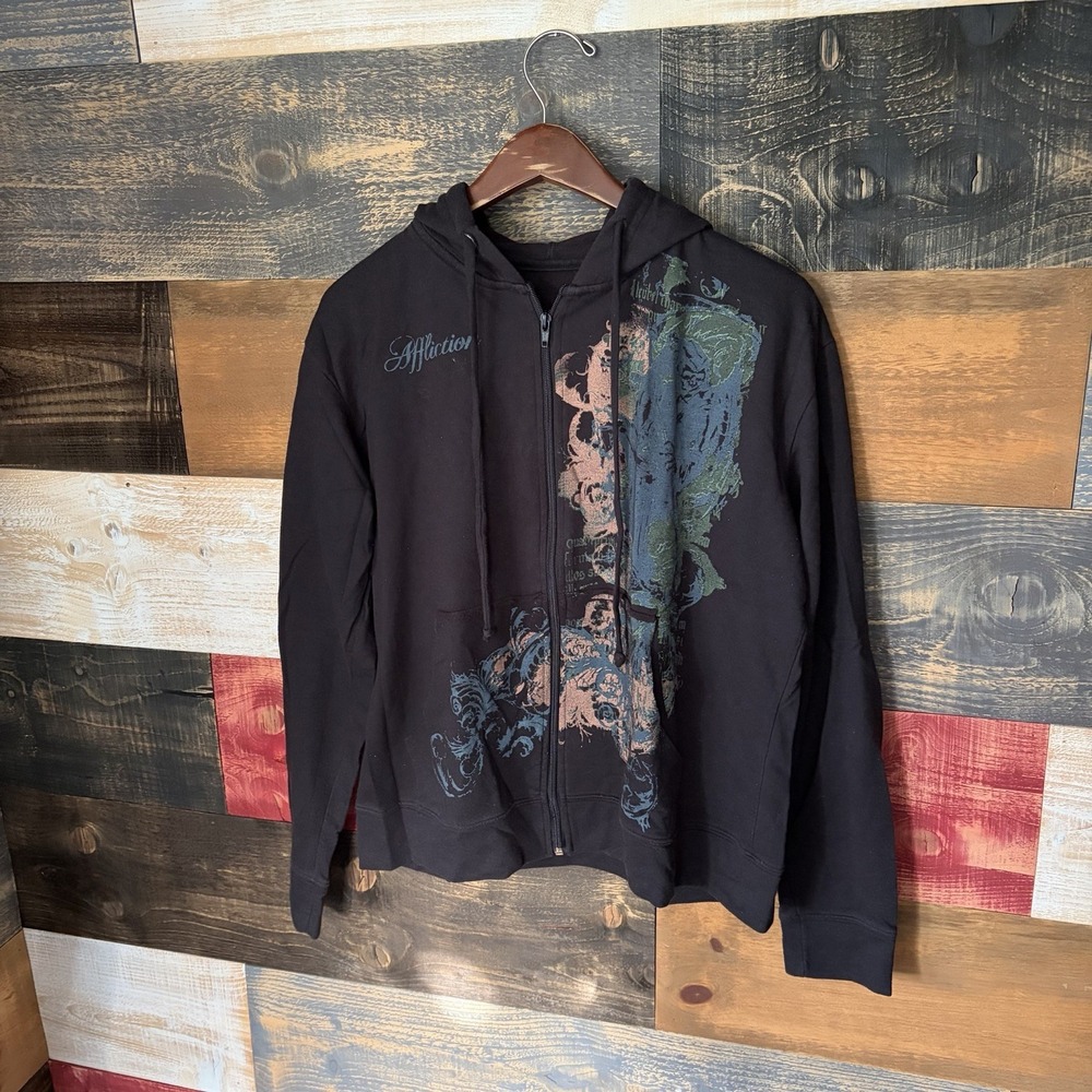 Affliction Hoodie Zip Vintage Y2K Grunge Women Large Black Full Zip Sweatshirt
